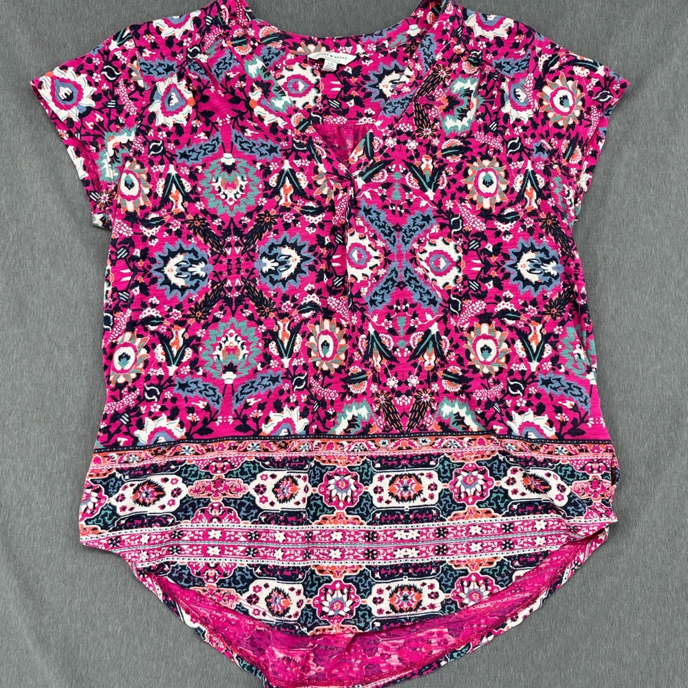 Lucky Brand Boho Paisley Floral Top Size L Blue Pink V-Neck Short Sleeve